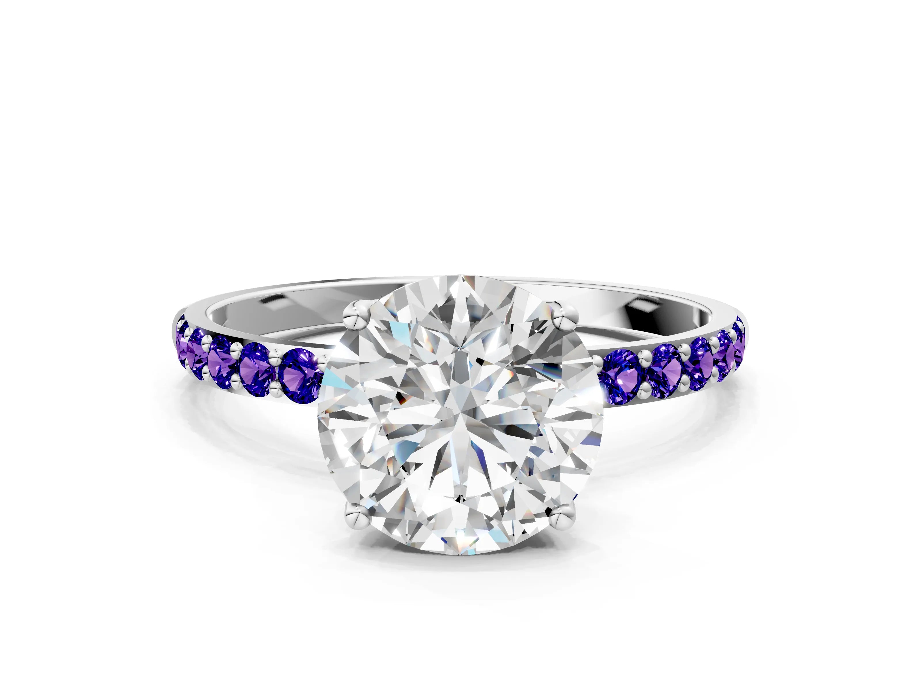 White gold Round Cut Diamond Solitaire Engagement Ring with Round with Tanzanite side stone Pavé Band and Prong Setting_84