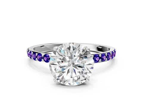 White gold Round Cut Diamond Solitaire Engagement Ring with Round with Tanzanite side stone Pavé Band and Prong Setting_84