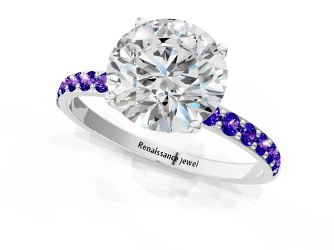 White gold Round Cut Diamond Solitaire Engagement Ring with Round with Tanzanite side stone Pavé Band and Prong Setting_85