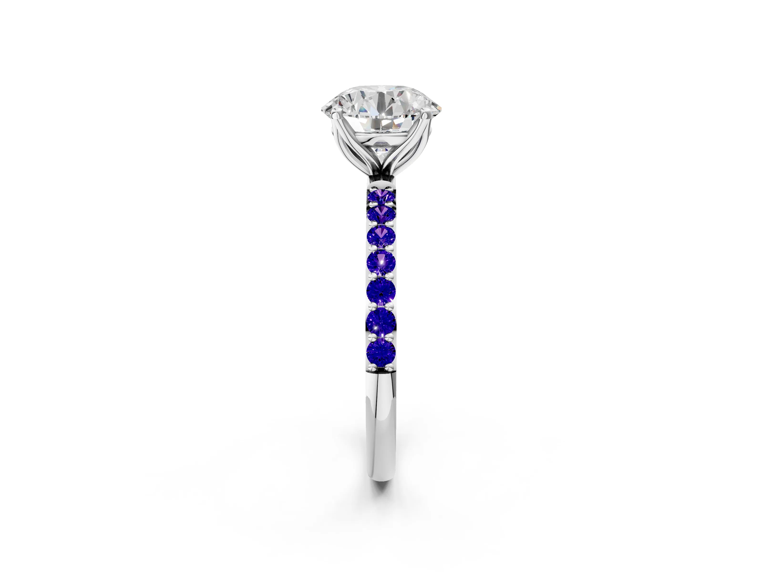 White gold Round Cut Diamond Solitaire Engagement Ring with Round with Tanzanite side stone Pavé Band and Prong Setting_86