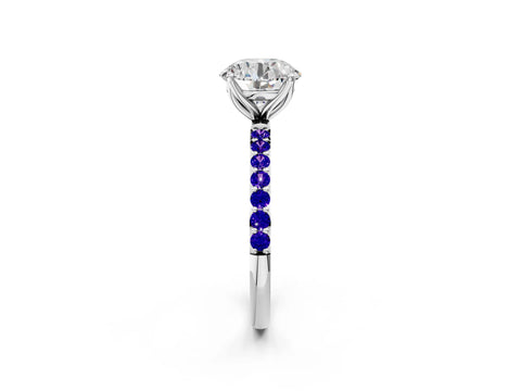 White gold Round Cut Diamond Solitaire Engagement Ring with Round with Tanzanite side stone Pavé Band and Prong Setting_86
