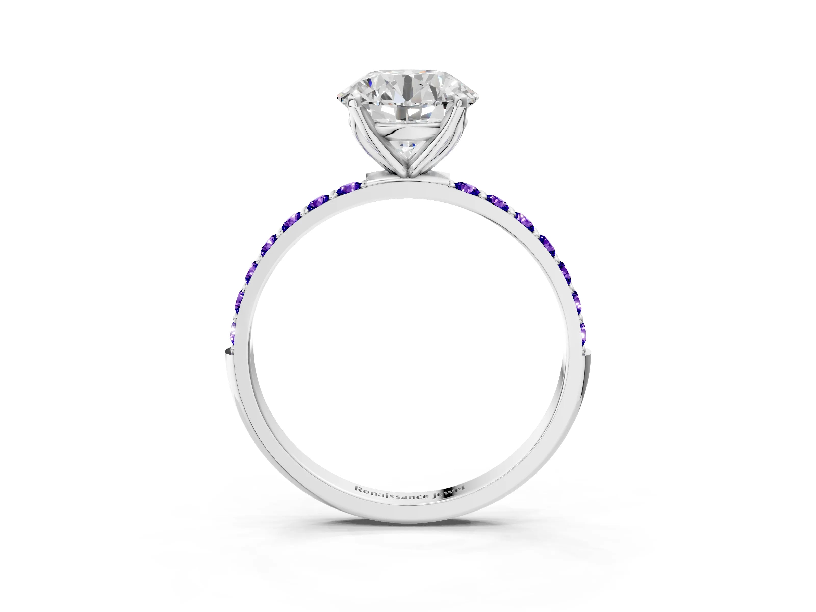 White gold Round Cut Diamond Solitaire Engagement Ring with Round with Tanzanite side stone Pavé Band and Prong Setting_87