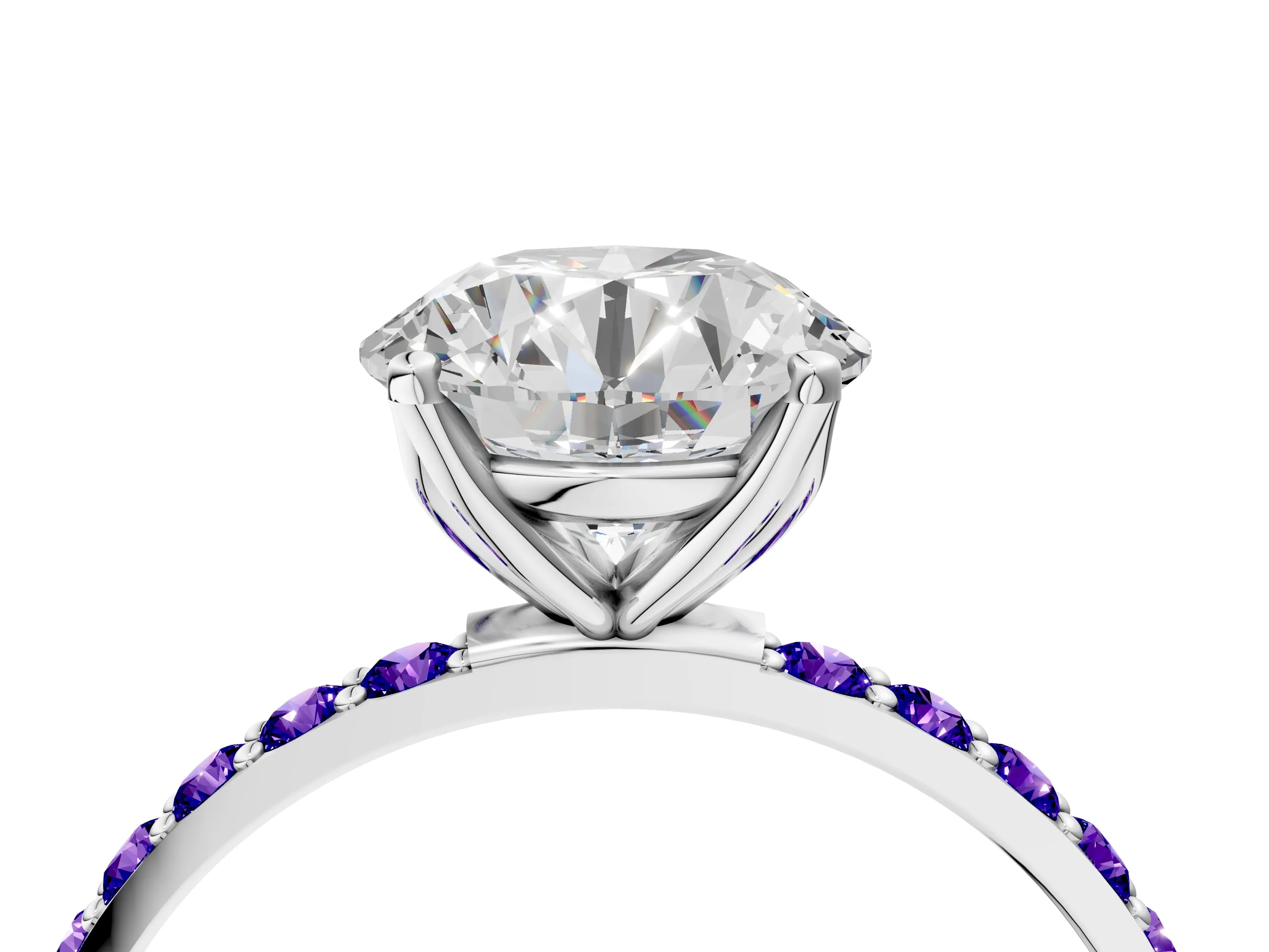 White gold Round Cut Diamond Solitaire Engagement Ring with Round with Tanzanite side stone Pavé Band and Prong Setting_88