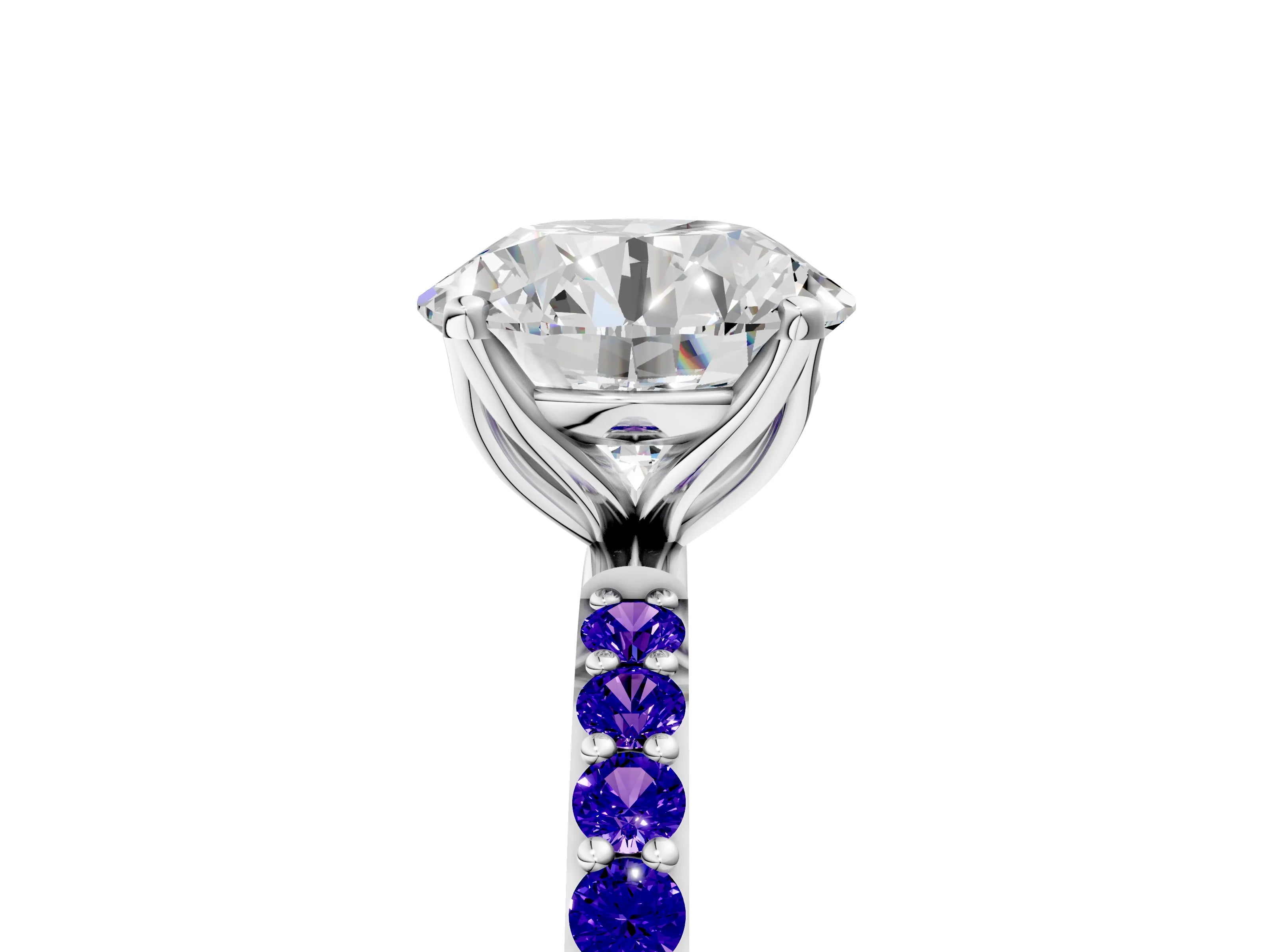 White gold Round Cut Diamond Solitaire Engagement Ring with Round with Tanzanite side stone Pavé Band and Prong Setting_89