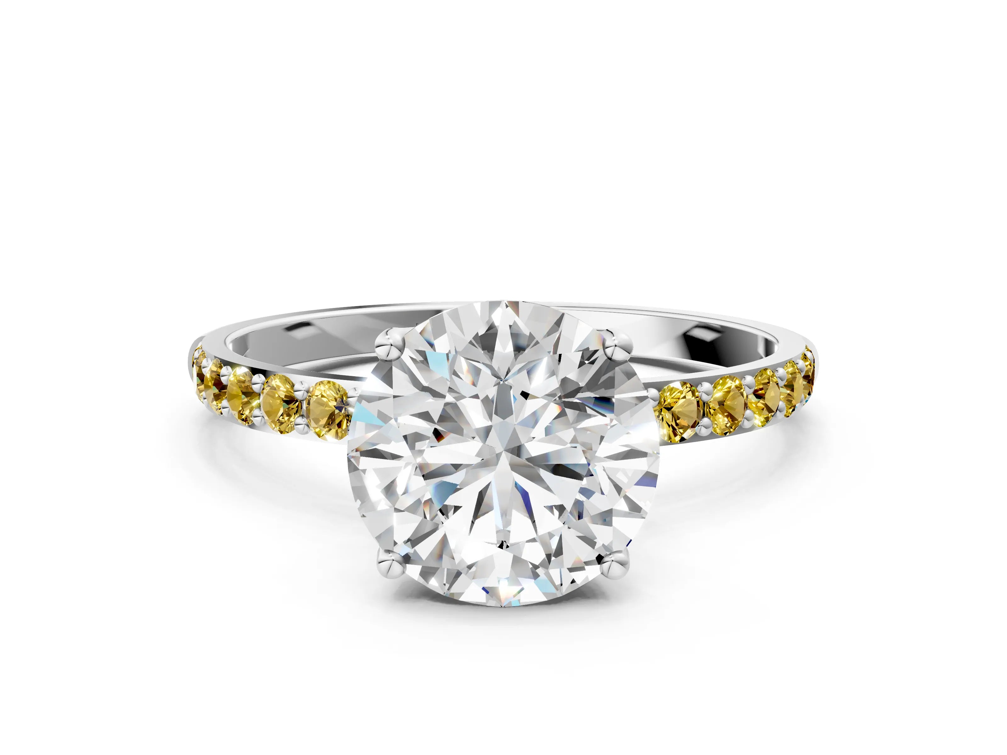 White gold Round Cut Diamond Solitaire Engagement Ring with Round with Yellow Sapphire side stone Pavé Band and Prong Setting_12