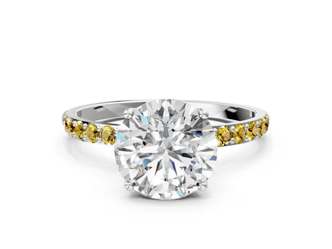 White gold Round Cut Diamond Solitaire Engagement Ring with Round with Yellow Sapphire side stone Pavé Band and Prong Setting_126