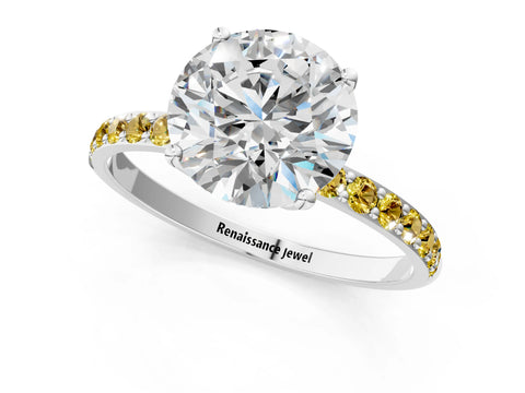 White gold Round Cut Diamond Solitaire Engagement Ring with Round with Yellow Sapphire side stone Pavé Band and Prong Setting_127