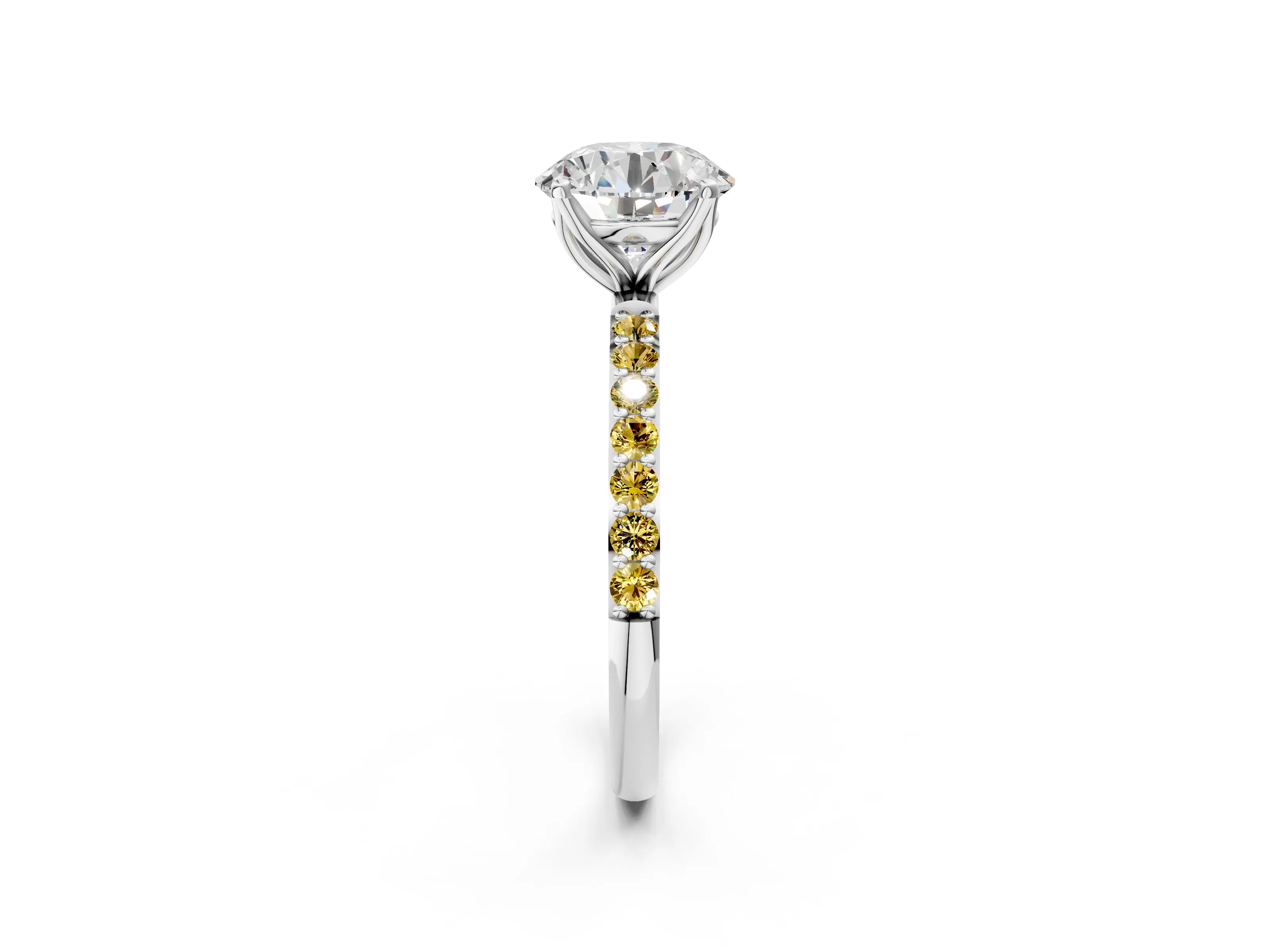 White gold Round Cut Diamond Solitaire Engagement Ring with Round with Yellow Sapphire side stone Pavé Band and Prong Setting_128