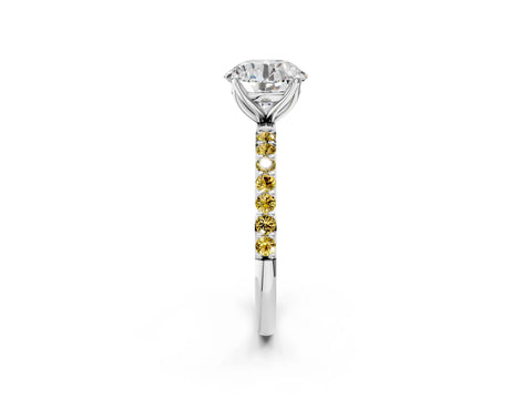 White gold Round Cut Diamond Solitaire Engagement Ring with Round with Yellow Sapphire side stone Pavé Band and Prong Setting_128