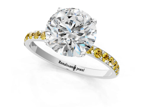 White gold Round Cut Diamond Solitaire Engagement Ring with Round with Yellow Sapphire side stone Pavé Band and Prong Setting_13