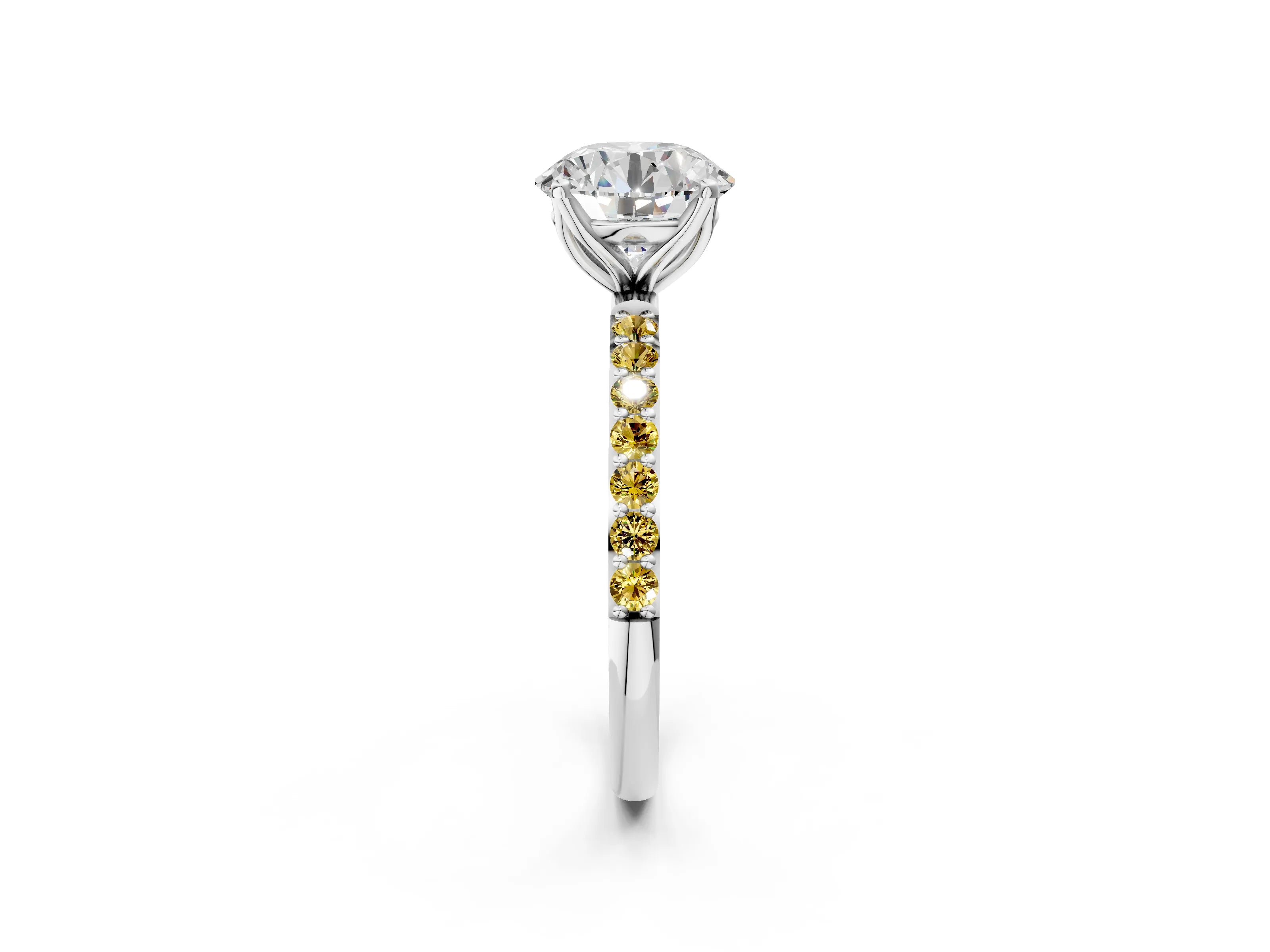 White gold Round Cut Diamond Solitaire Engagement Ring with Round with Yellow Sapphire side stone Pavé Band and Prong Setting_14