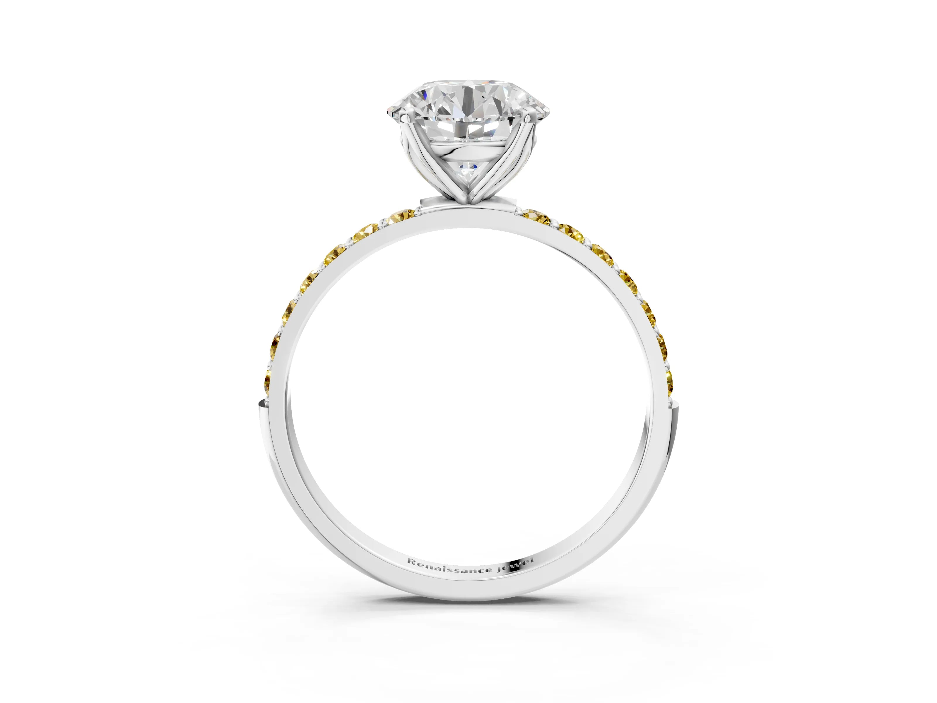 White gold Round Cut Diamond Solitaire Engagement Ring with Round with Yellow Sapphire side stone Pavé Band and Prong Setting_15