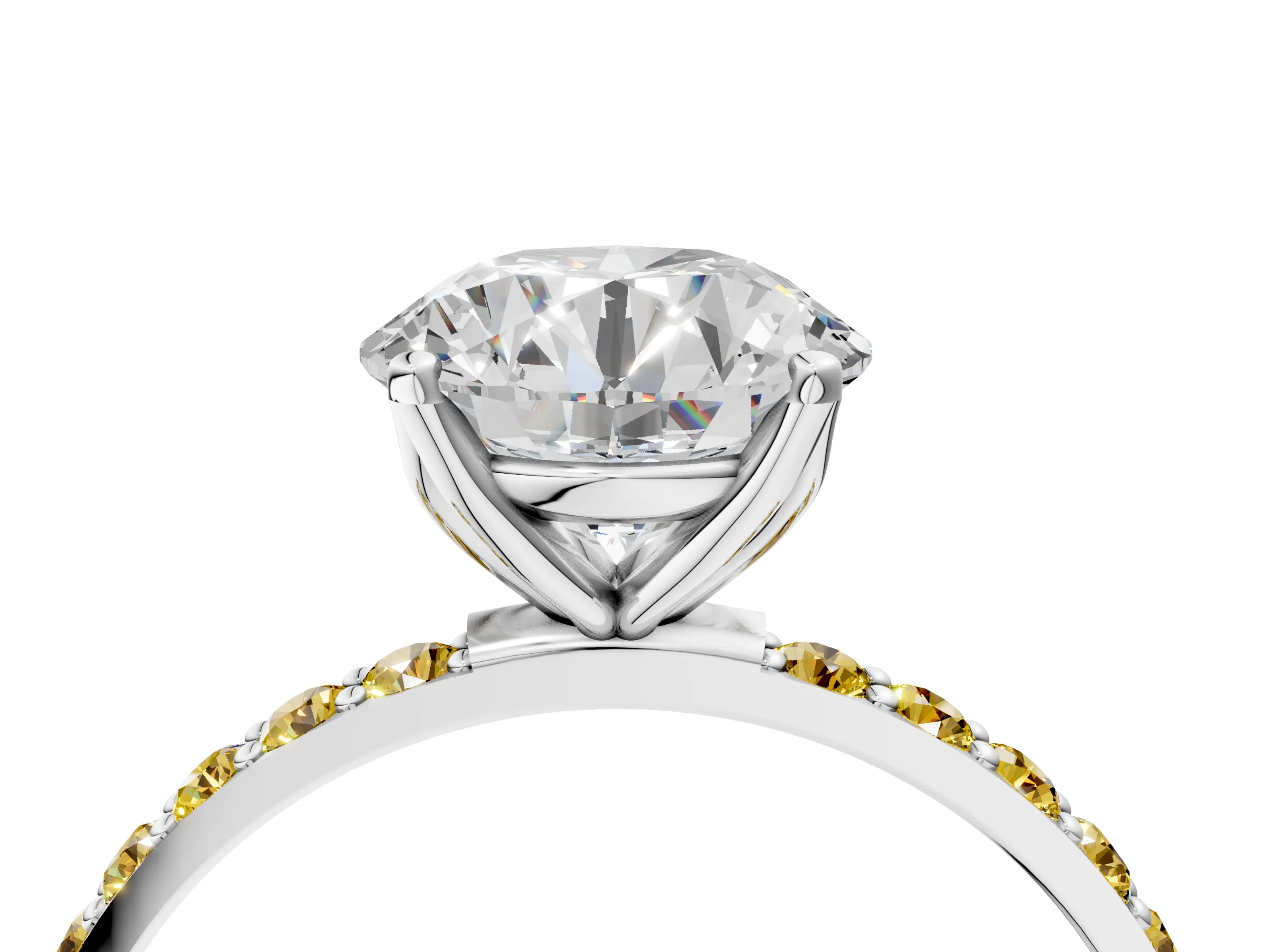 White gold Round Cut Diamond Solitaire Engagement Ring with Round with Yellow Sapphire side stone Pavé Band and Prong Setting_16