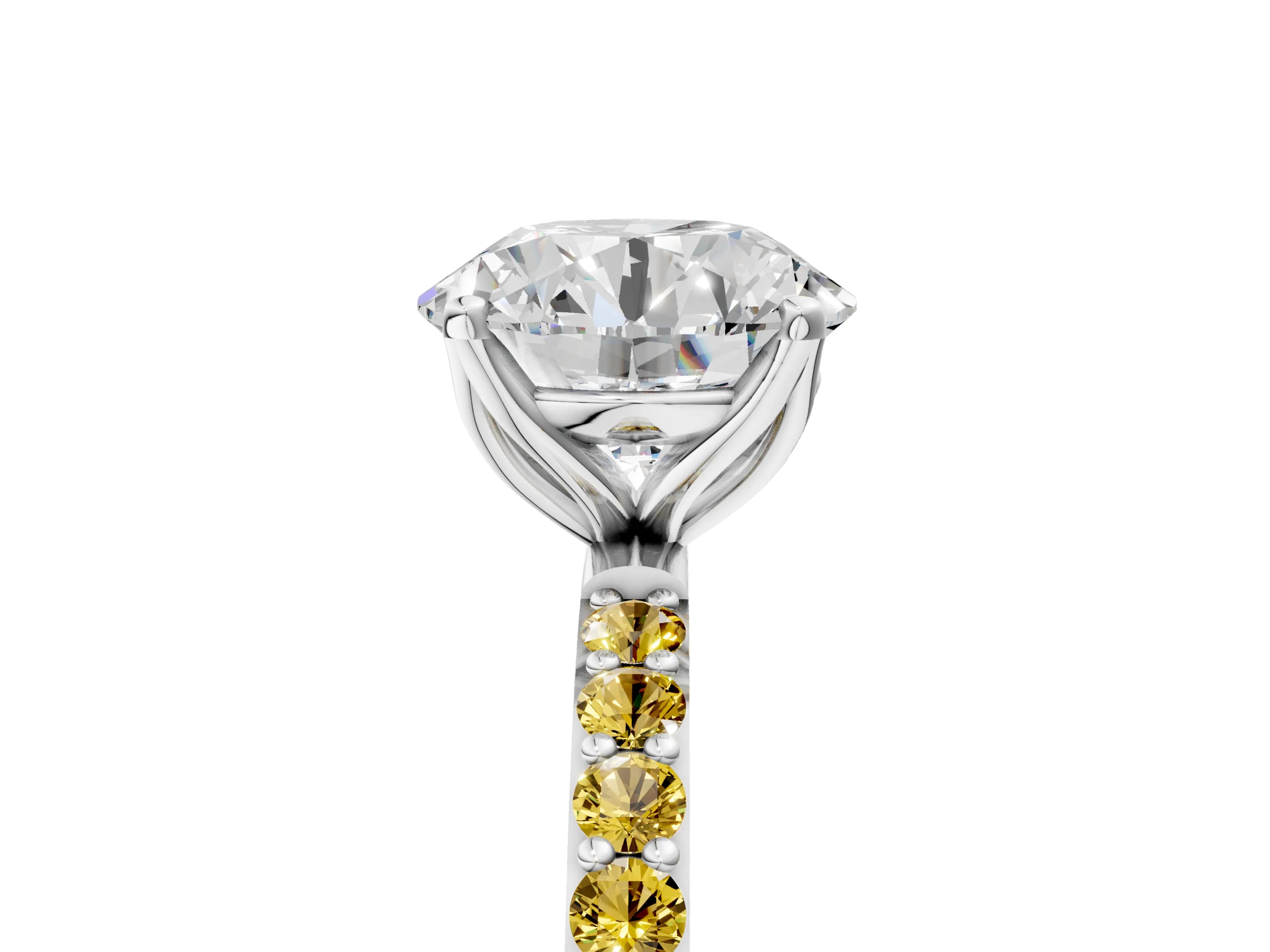 White gold Round Cut Diamond Solitaire Engagement Ring with Round with Yellow Sapphire side stone Pavé Band and Prong Setting_17