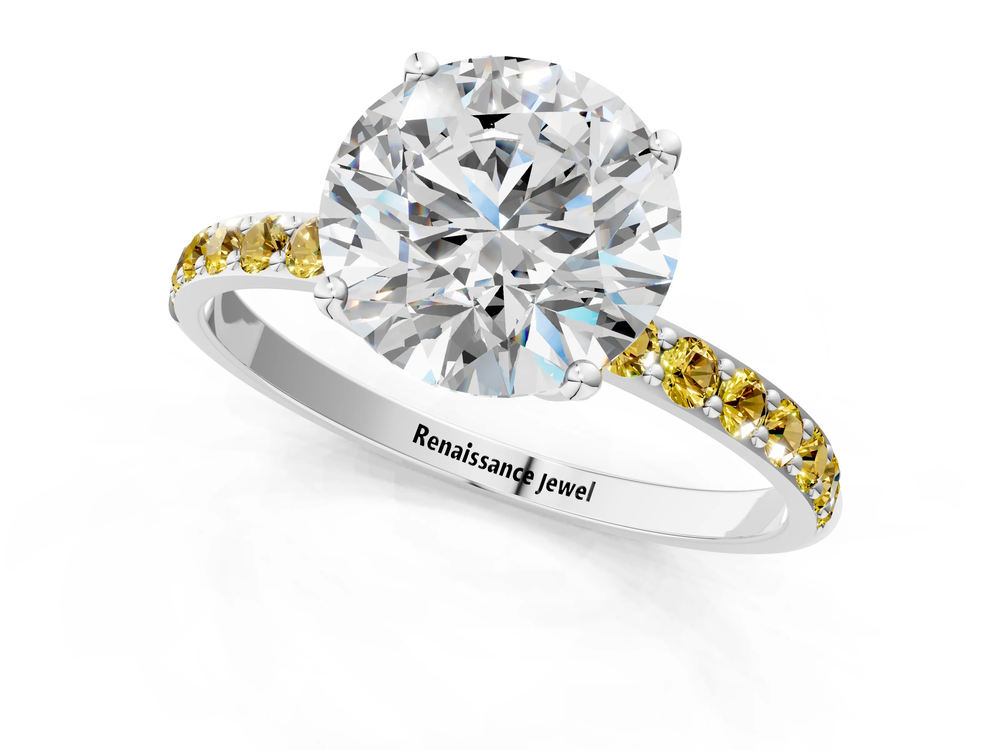 White gold Round Cut Diamond Solitaire Engagement Ring with Round with Yellow Sapphire side stone Pavé Band and Prong Setting_61