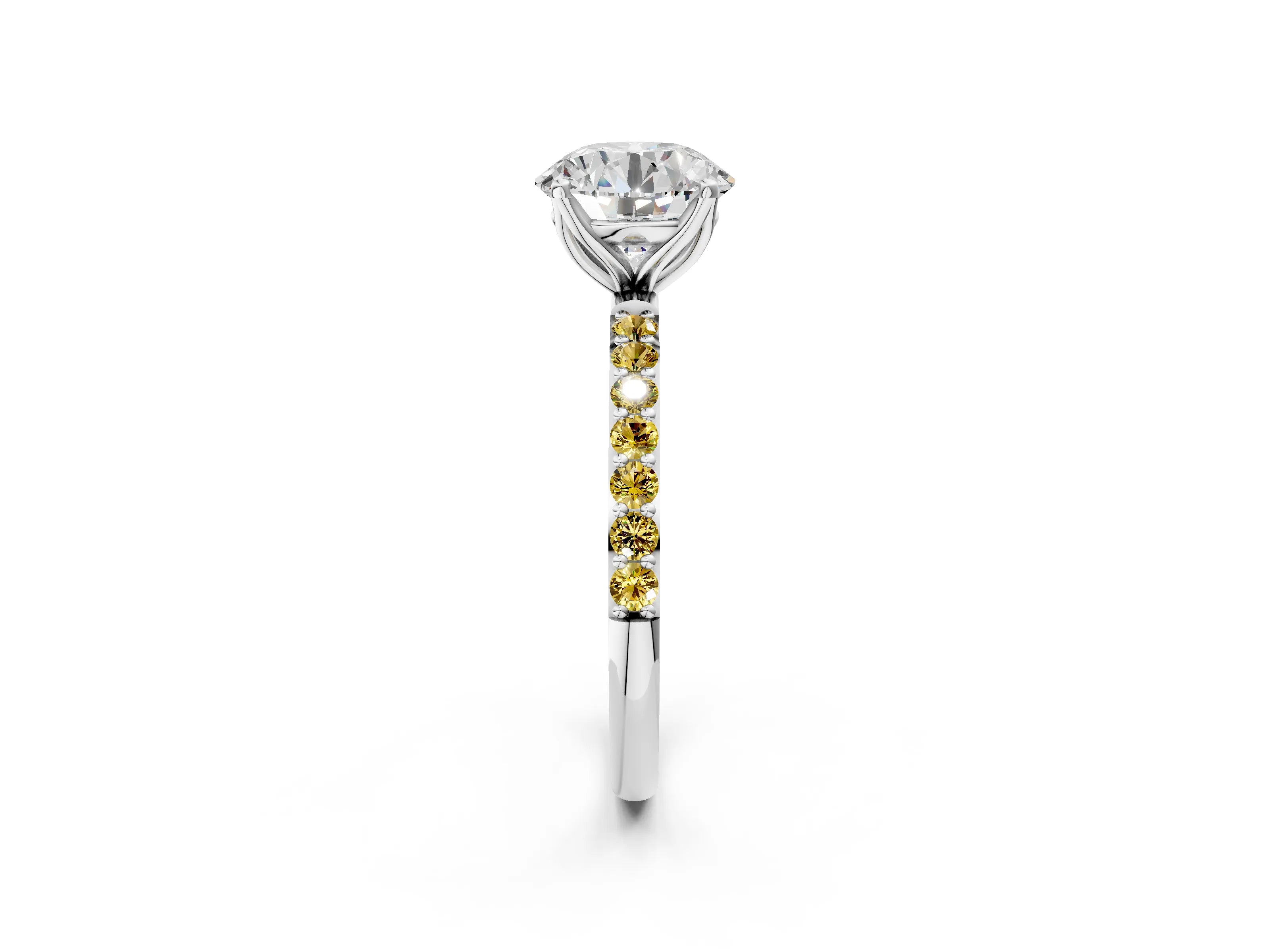 White gold Round Cut Diamond Solitaire Engagement Ring with Round with Yellow Sapphire side stone Pavé Band and Prong Setting_62