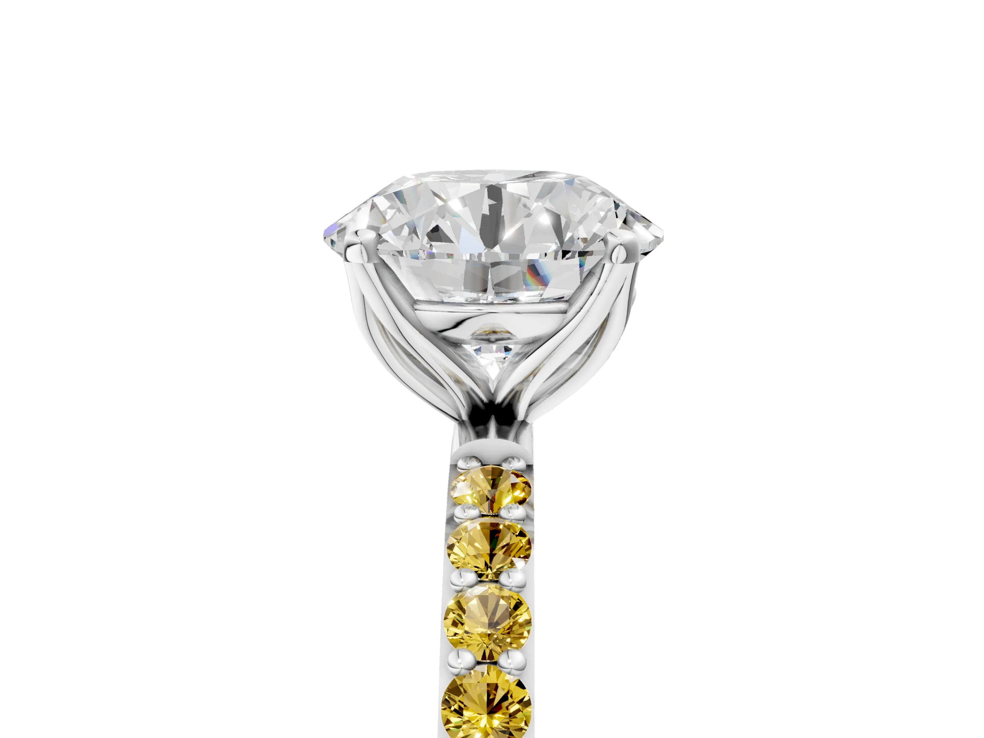 White gold Round Cut Diamond Solitaire Engagement Ring with Round with Yellow Sapphire side stone Pavé Band and Prong Setting_65