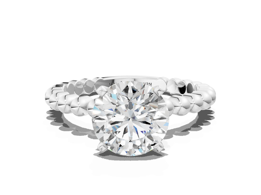 White gold Round Cut Diamond Solitaire Ring with Beaded Band and Prong Setting_318