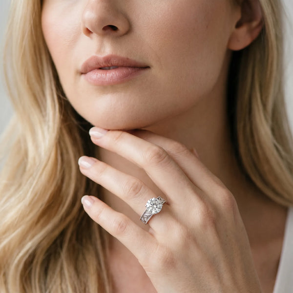 White Gold Round Vintage Solitaire Engagement Ring Setting with Leaf Scroll Engraved Band