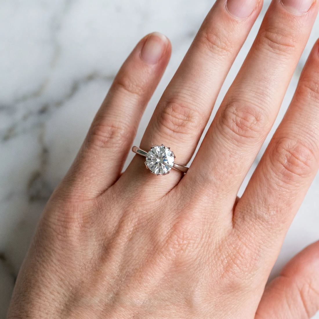 White gold Round Cut Diamond Solitaire Ring with Flower Prong Setting and Classic Band_274