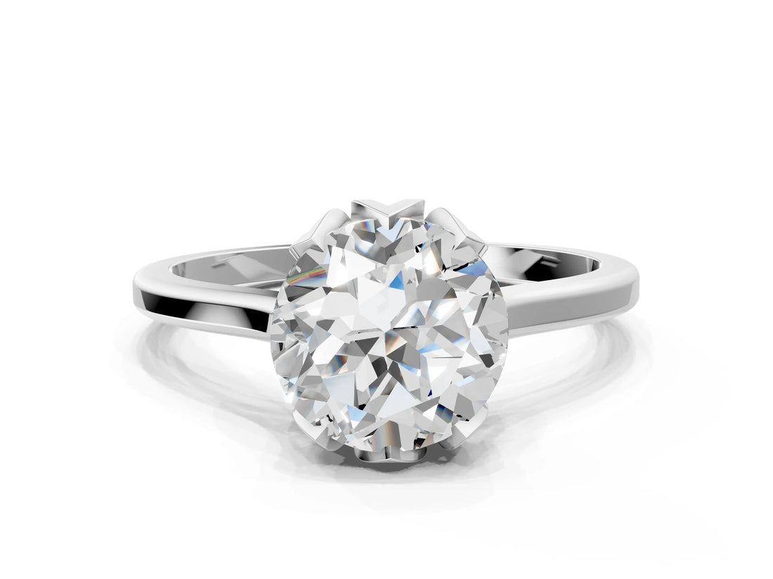 White gold Round Cut Diamond Solitaire Ring with Flower Prong Setting and Classic Band_318