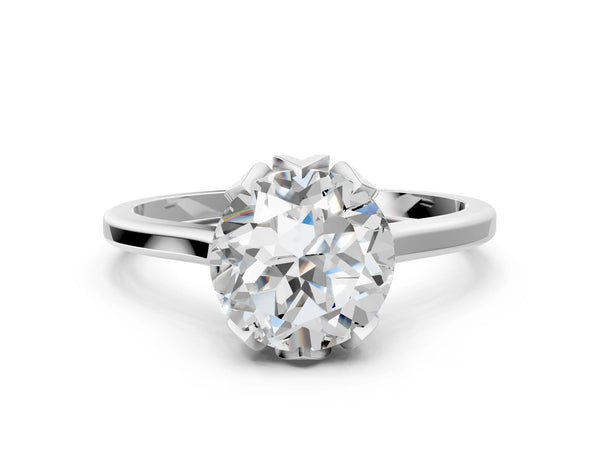 White Gold Round Floral Solitaire Engagement Ring Setting with Flower Head and Plain Band