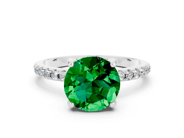 Platinum Round Cut Emerald Hidden Halo Engagement Ring with Round Pavé Band and Prong Setting