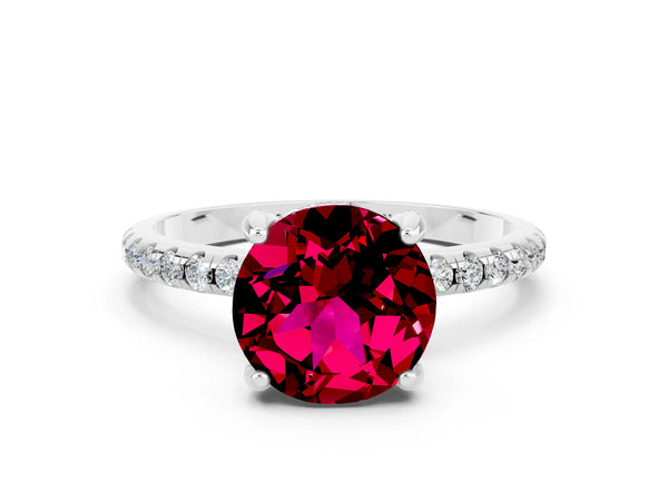 Platinum Round Cut Garnet Hidden Halo Engagement Ring with Round Pavé Band and Prong Setting