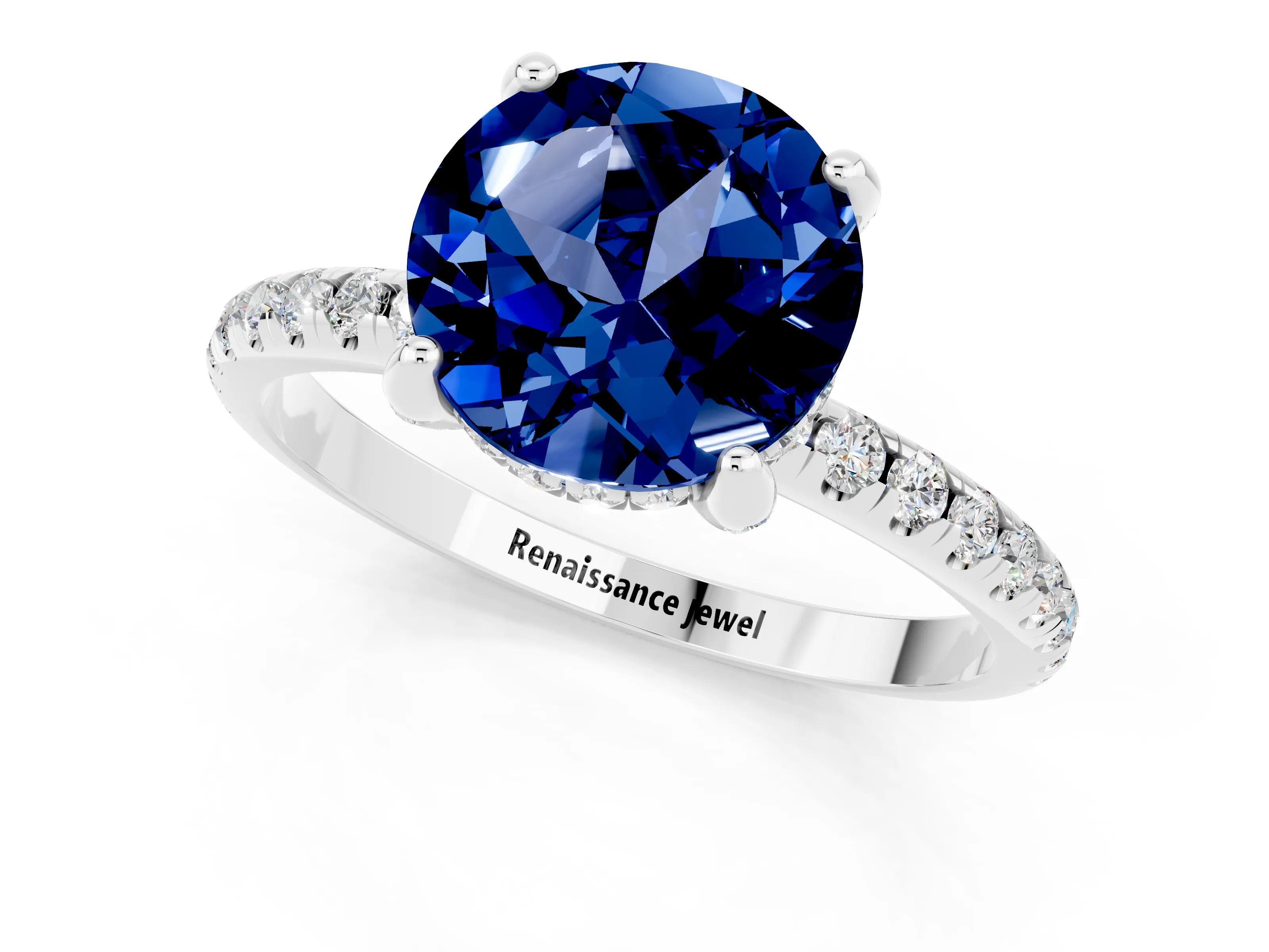 White gold Round Cut Diamond Solitaire Ring with Four-Prong Setting and Pavé Band_1
