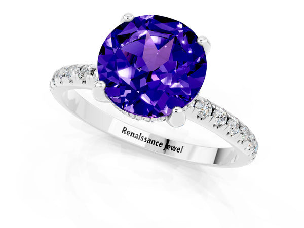 White gold Round Cut Tanzanite Hidden Halo Engagement Ring with Round Pavé Band and Prong Setting