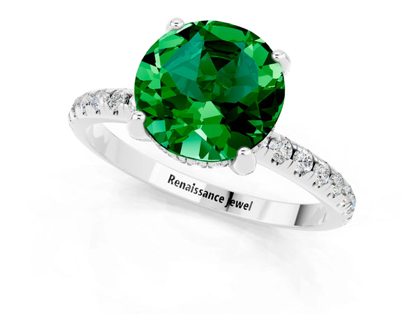 Silver Round Cut Emerald Hidden Halo Engagement Ring with Round Pavé Band and Prong Setting