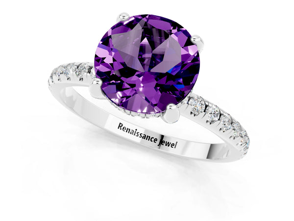 Silver Round Cut Amethyst Hidden Halo Engagement Ring with Round Pavé Band and Prong Setting