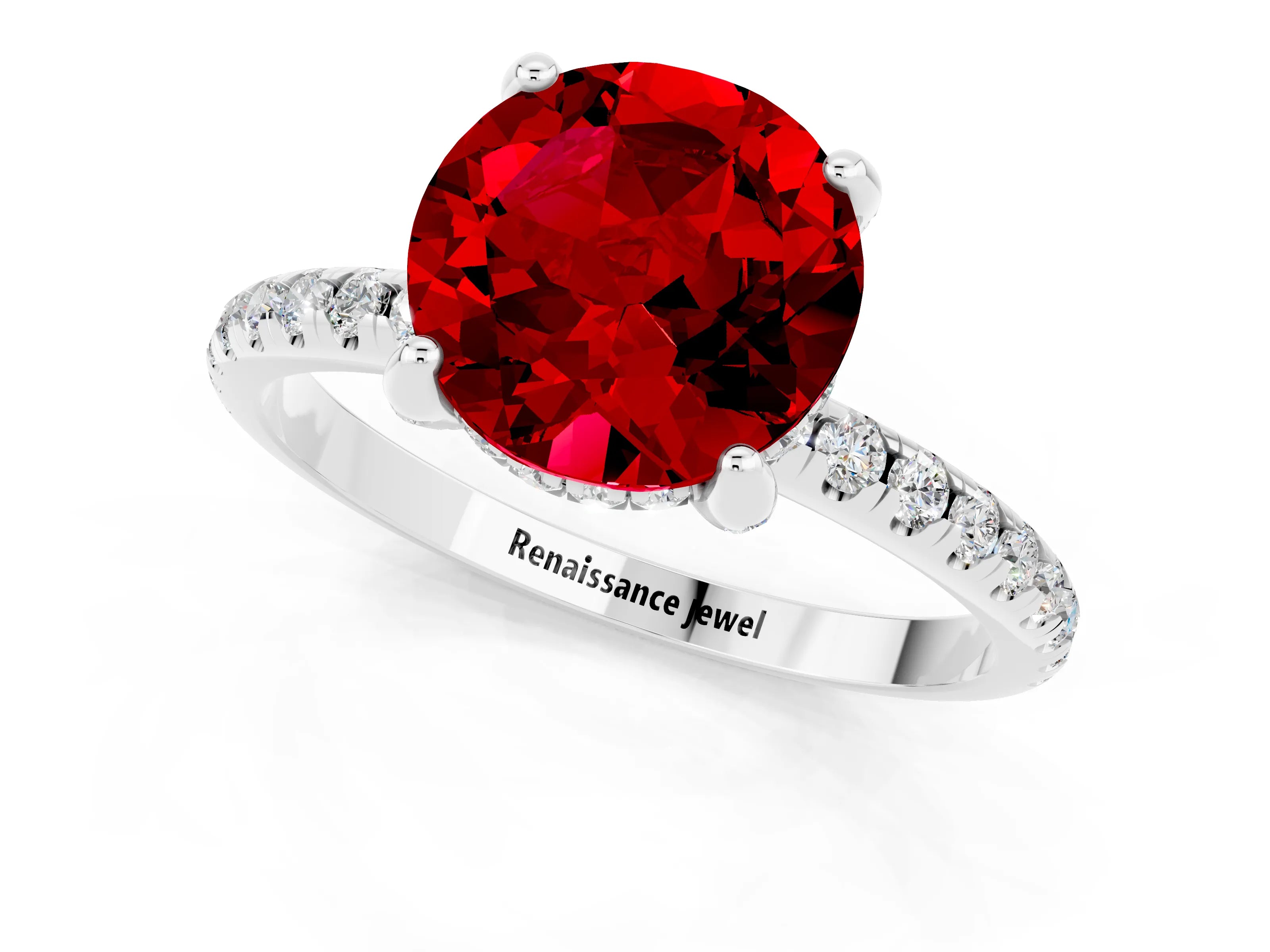 White gold Round Cut Diamond Solitaire Ring with Four-Prong Setting and Pavé Band_1