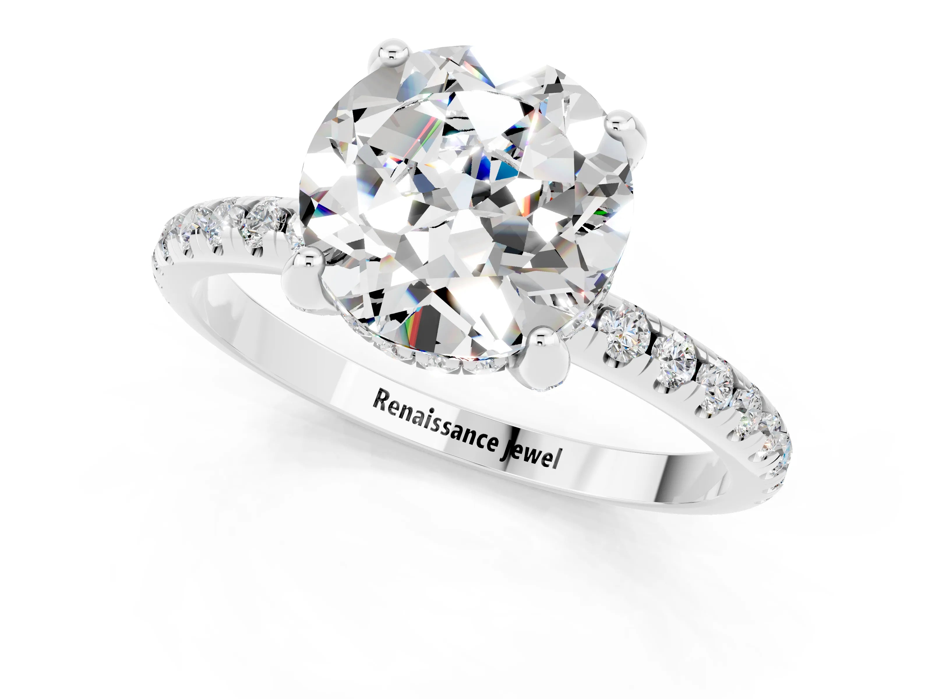White gold Round Cut Diamond Solitaire Ring with Four-Prong Setting and Pavé Band_1