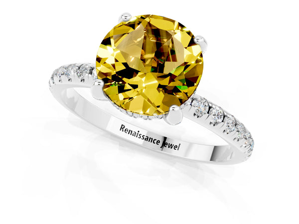 Silver Round Cut Yellow Sapphire Hidden Halo Engagement Ring with Round Pavé Band and Prong Setting
