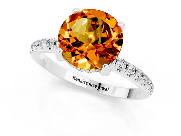 Silver Round Cut Citrine Hidden Halo Engagement Ring with Round Pavé Band and Prong Setting