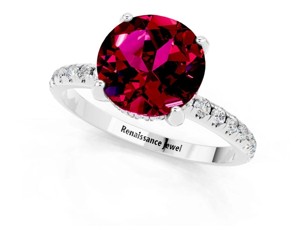 Platinum Round Cut Garnet Hidden Halo Engagement Ring with Round Pavé Band and Prong Setting