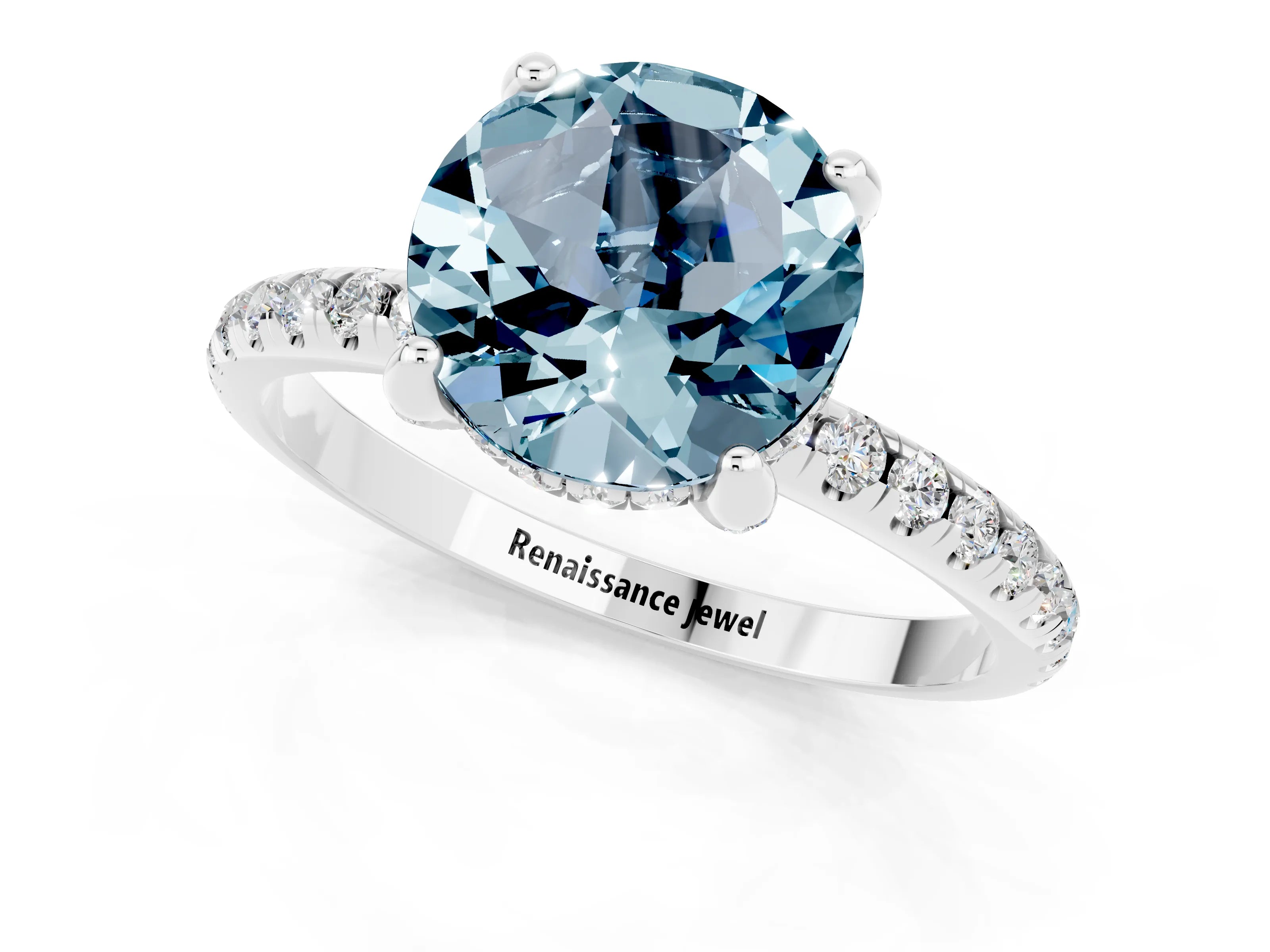 White gold Round Cut Diamond Solitaire Ring with Four-Prong Setting and Pavé Band_1