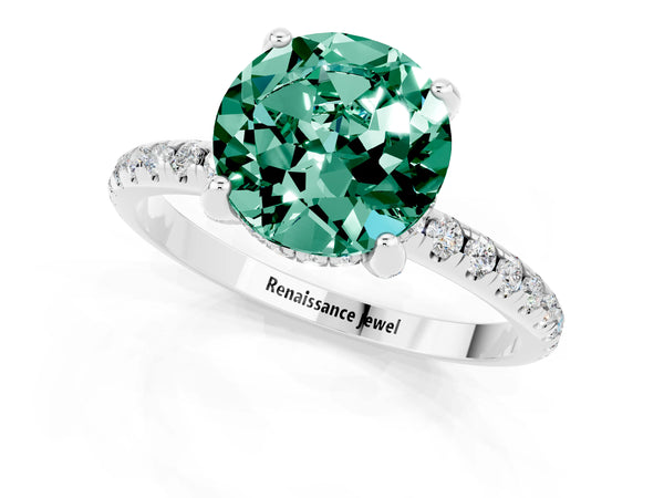 Platinum Round Cut Green Sapphire Hidden Halo Engagement Ring with Round Pavé Band and Prong Setting