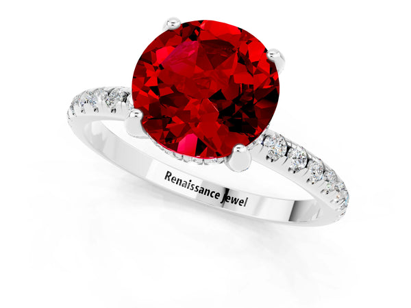 White gold Round Cut Diamond Solitaire Ring with Four-Prong Setting and Pavé Band