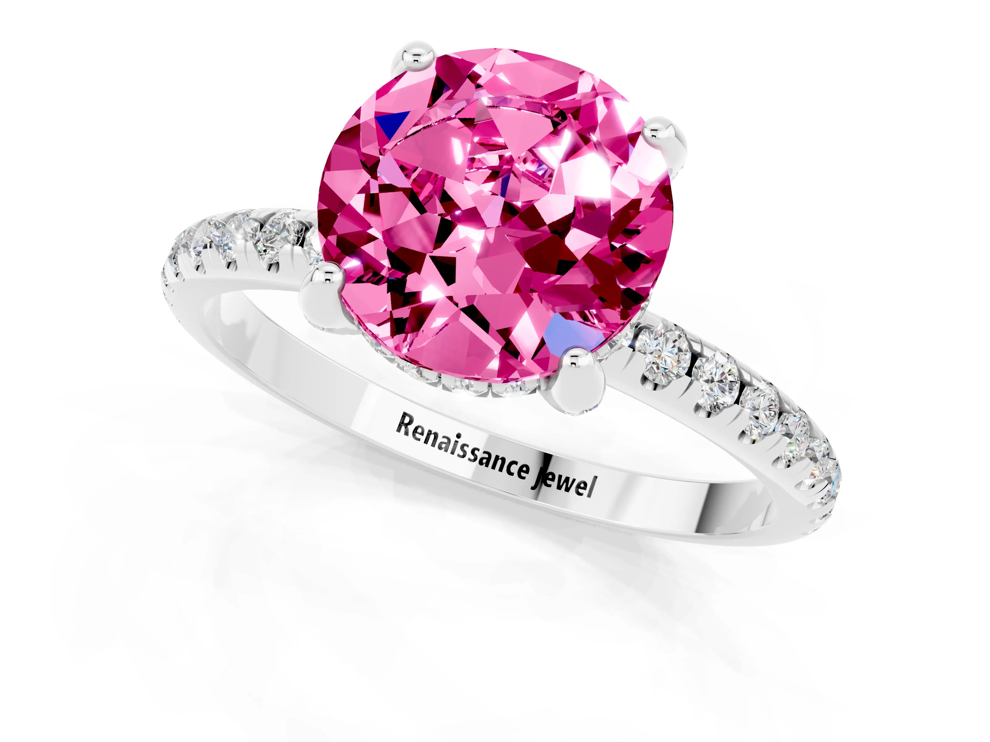 White gold Round Cut Diamond Solitaire Ring with Four-Prong Setting and Pavé Band_1
