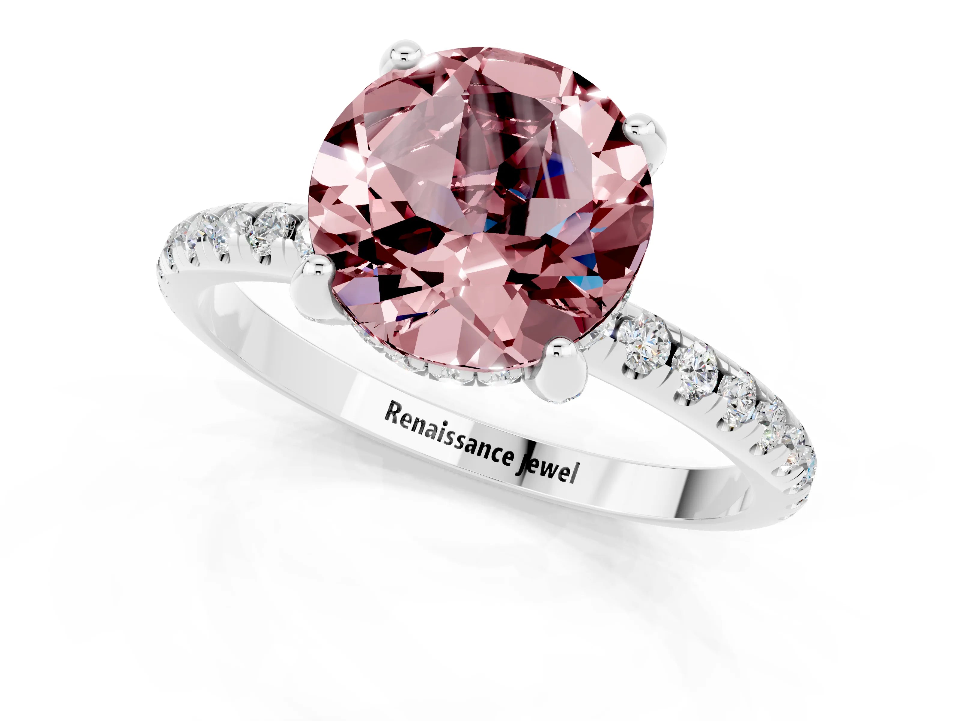White gold Round Cut Diamond Solitaire Ring with Four-Prong Setting and Pavé Band_1