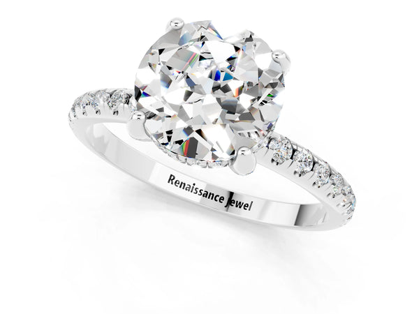 White gold Round Cut Moissanite Hidden Halo Engagement Ring with Round Pavé Band and Prong Setting