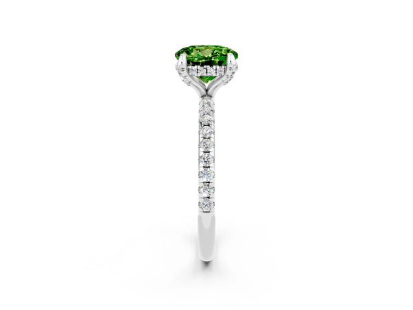 Platinum Round Cut Diamond Solitaire Ring with Four-Prong Setting and Pavé Band