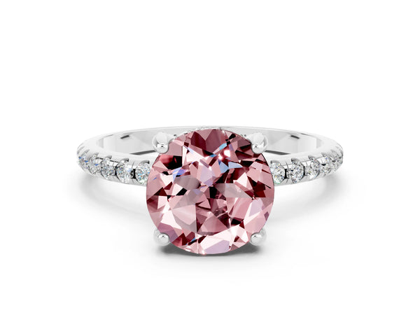 Platinum Round Cut Diamond Solitaire Ring with Four-Prong Setting and Pavé Band