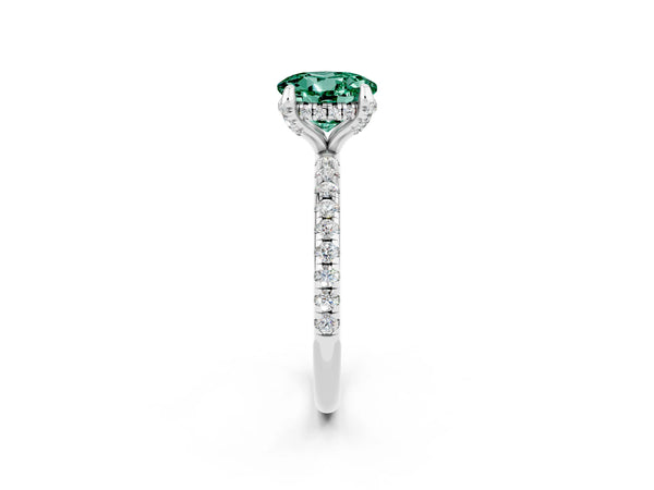 White gold Round Cut Green Sapphire Hidden Halo Engagement Ring with Round Pavé Band and Prong Setting