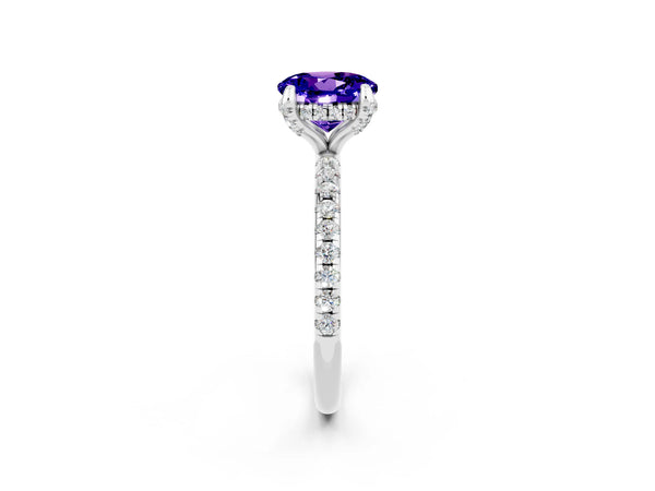 White gold Round Cut Tanzanite Hidden Halo Engagement Ring with Round Pavé Band and Prong Setting