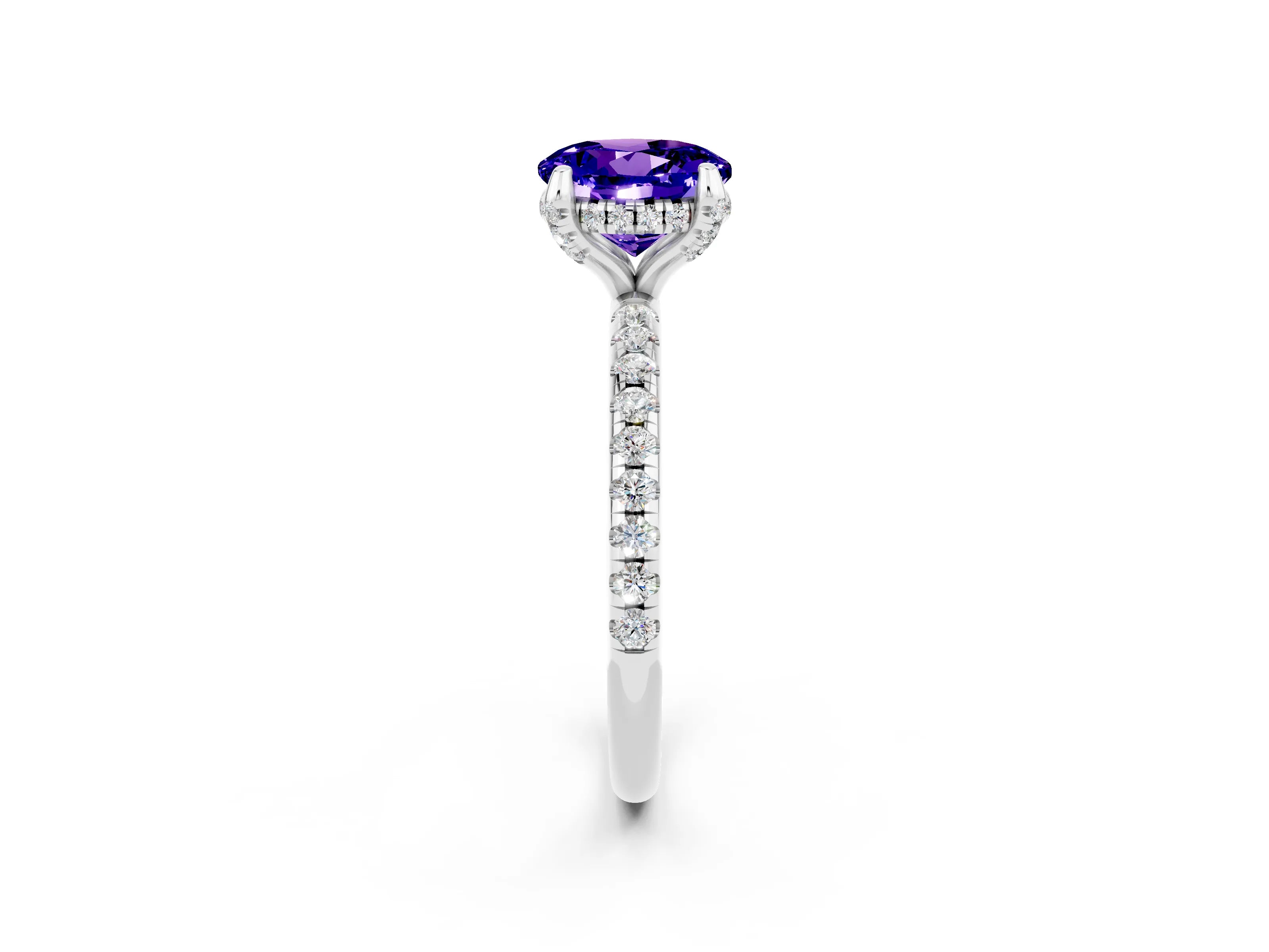 White gold Round Cut Diamond Solitaire Ring with Four-Prong Setting and Pavé Band_2