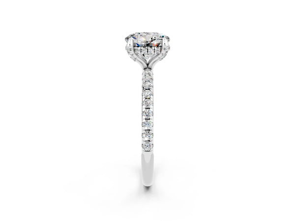 White gold Round Cut Moissanite Hidden Halo Engagement Ring with Round Pavé Band and Prong Setting