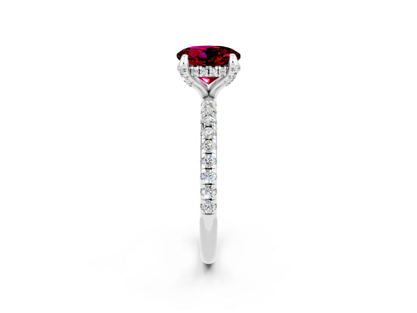 Silver Round Cut Garnet Hidden Halo Engagement Ring with Round Pavé Band and Prong Setting